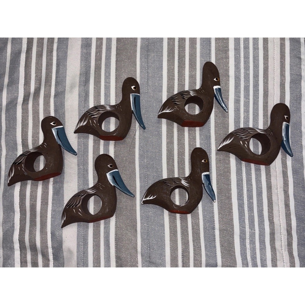 6 Pelican Napkin Ring Holders Wood Hand Carved Beach Bird Coastal Nautical
